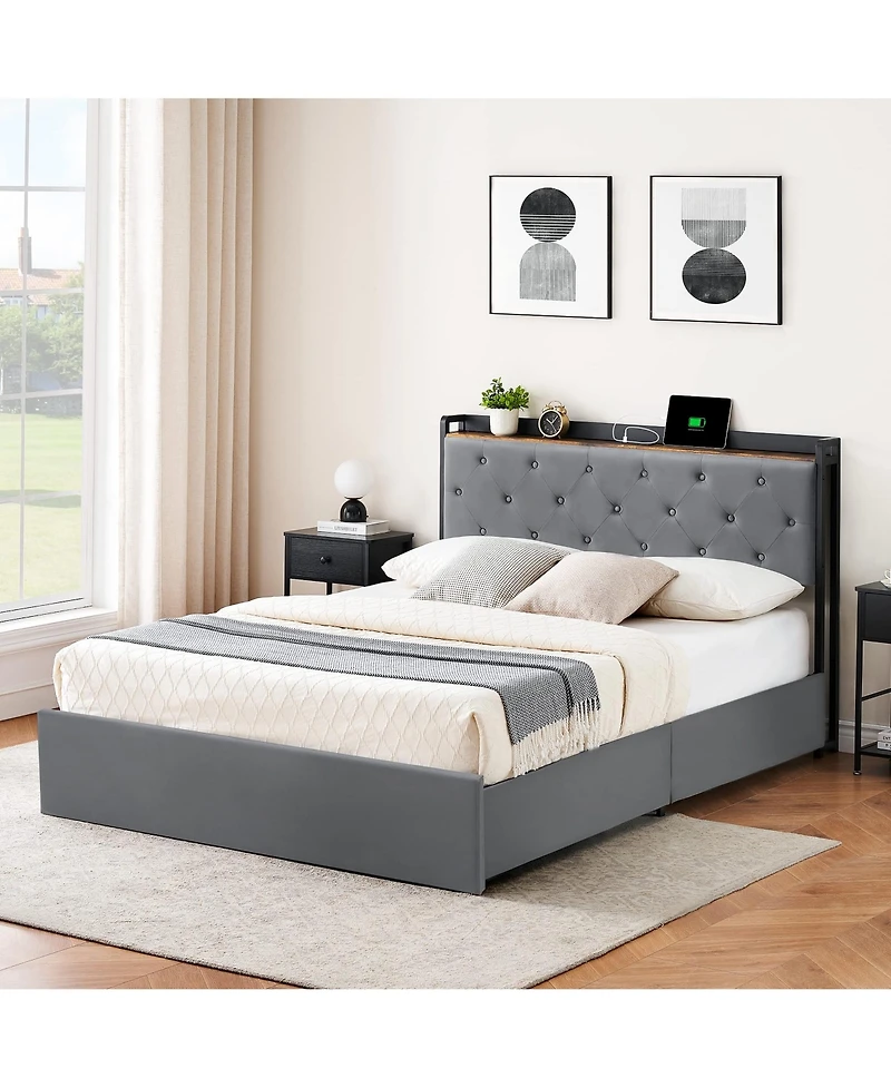 gaomon Queen Size Bed Frame with 4 Storage Drawers and Charging Station, Upholstered Bed Frame with Storage Headboard
