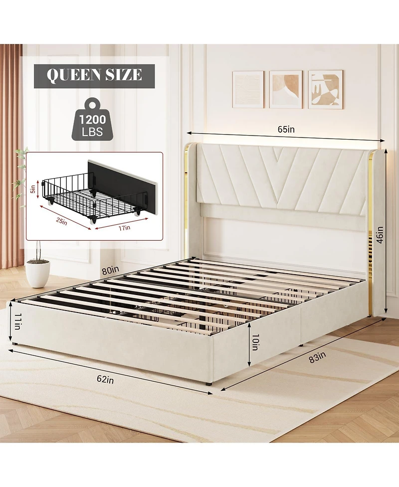 gaomon Queen Upholstered Led Bed Frame with 4 Storage Drawers