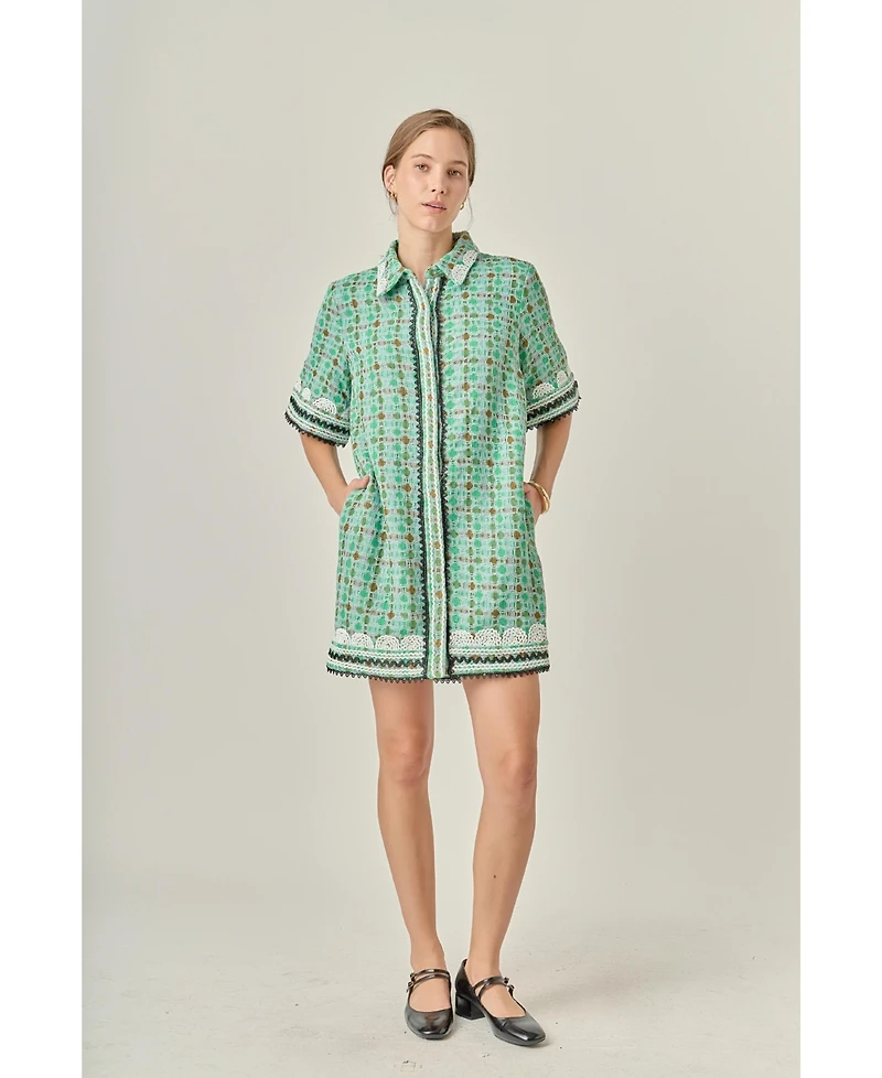 English Factory Women's Boucle Mini Shirt Dress with Ric Rac Trim