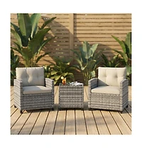 GarveeLife 3-Piece Pe Rattan Patio Conversation Set with Cushions Outdoor Wicker Chairs and Tempered Glass Coffee Table