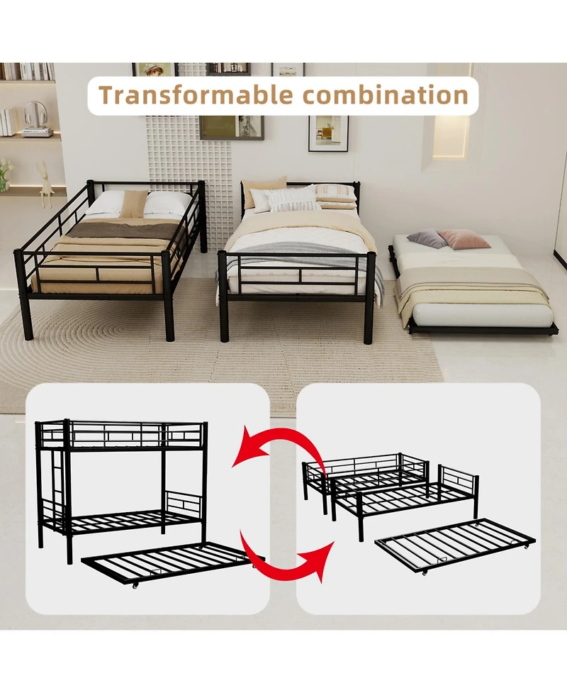 Rainsken Metal Twin Over Twin Bunk Bed with Trundle, Sturdy Heavy Duty Bunk Bed, with Ladders and Safety Guardrail, Noise Reduced,No Box Spring Needed