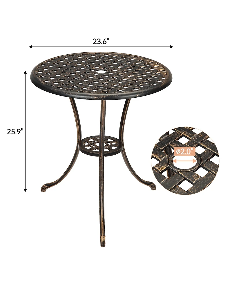 homfan 24-Inch Cast Aluminum Outdoor Patio Bistro Table, Weather-Resistant Round Dining Table w/ Umbrella Hole and Floral Lattice Design