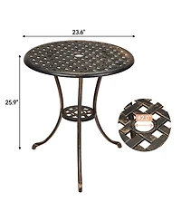 homfan 24-Inch Cast Aluminum Outdoor Patio Bistro Table, Weather-Resistant Round Dining Table w/ Umbrella Hole and Floral Lattice Design