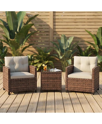 GarveeLife 3-Piece Pe Rattan Patio Conversation Set with Cushions Outdoor Wicker Chairs and Tempered Glass Coffee Table