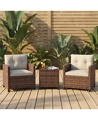 GarveeLife 3-Piece Pe Rattan Patio Conversation Set with Cushions Outdoor Wicker Chairs and Tempered Glass Coffee Table