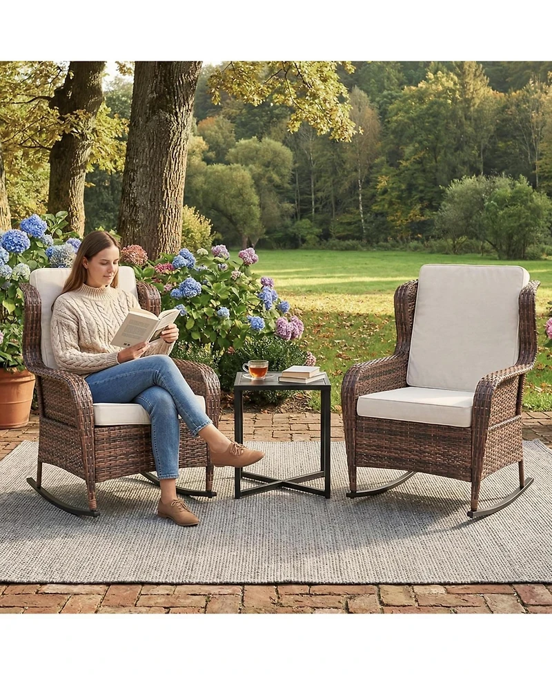GarveeLife Outdoor Resin Wicker Rocking Chair with Cushions, All-Weather Patio Rocker for Porch, Deck, Garden or Balcony