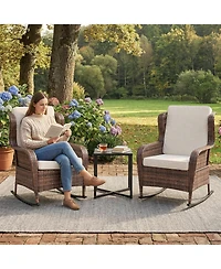 GarveeLife Outdoor Resin Wicker Rocking Chair with Cushions, All-Weather Patio Rocker for Porch, Deck, Garden or Balcony