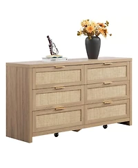 gaomon Rattan 6 Drawer Dresser, 57" Wide Boho Wooden Storage Chest, Tv Stand for Bedroom or Living Room
