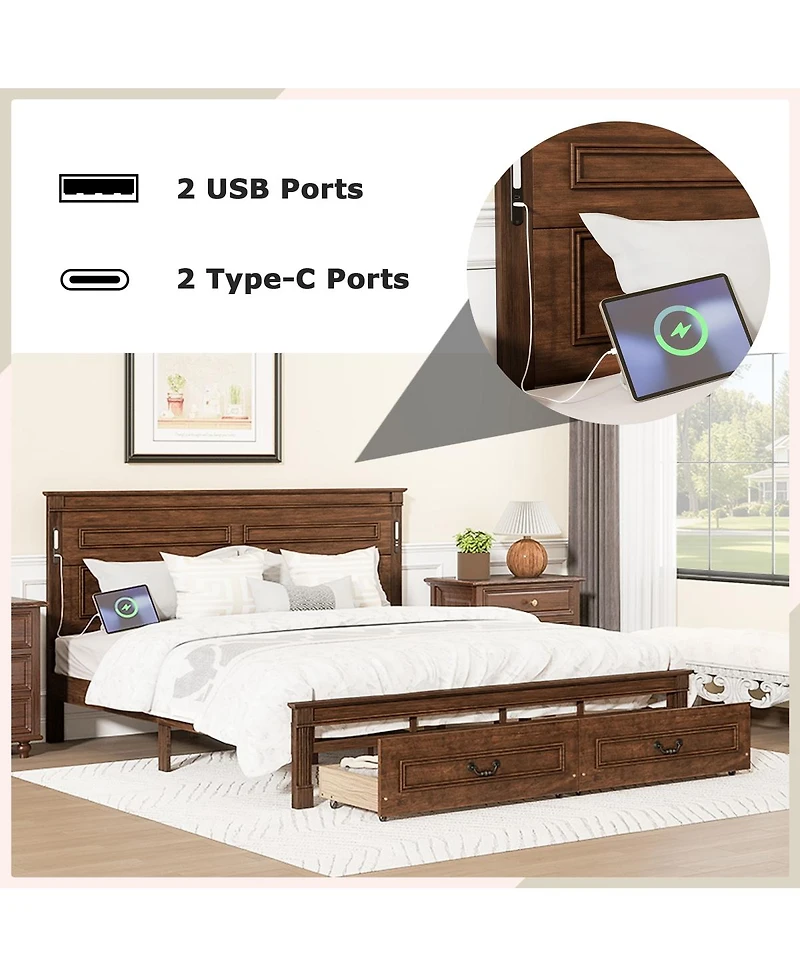 Streamdale Furniture Led Storage Bed with Usb, Pinewood Frame