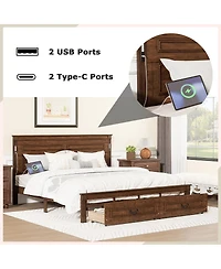 Streamdale Furniture Led Storage Bed with Usb, Pinewood Frame