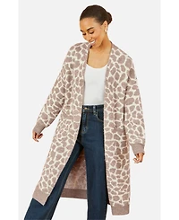 Yumi Women's Animal Print Intarsia Long Cardigan
