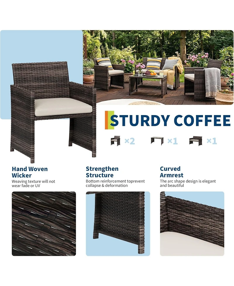 GarveeLife 4-Piece Outdoor Patio Furniture Set, Pe Rattan Conversation Set with Loveseat, 2 Chairs and Tempered Glass Coffee Table