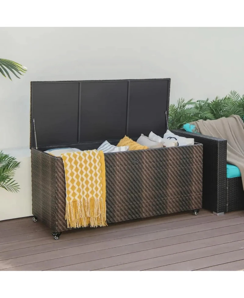 Yiortwo 96 Gallon Wicker Deck Box with Wheels, Waterproof Outdoor Storage Bin