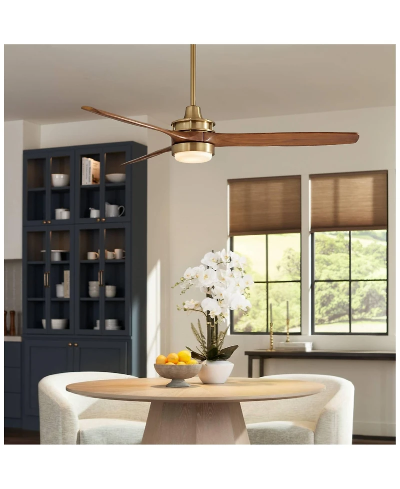 Casa Vieja 52" Windspun Indoor Ceiling Fan 3 Blade Led Light Remote Control Soft Brass Finish Motor Walnut Finish Wood Blades