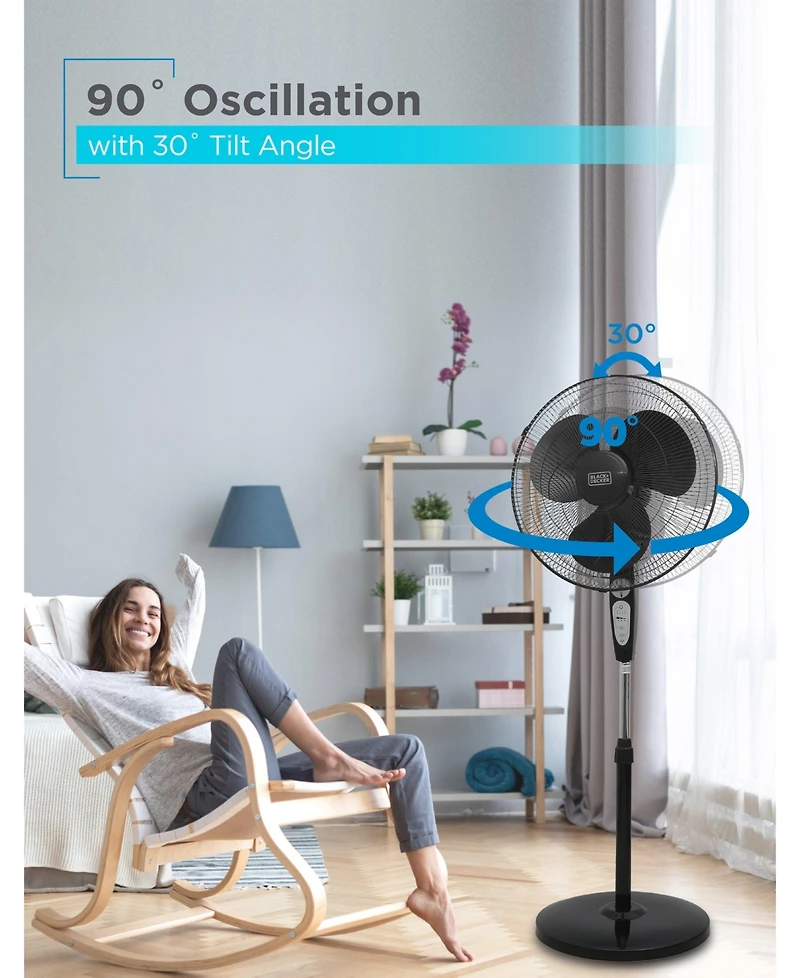 Black+Decker 18 inch Standing Oscillating Pedestal Fan with Remote, 90-Degree Oscillation, 3 Speed Settings