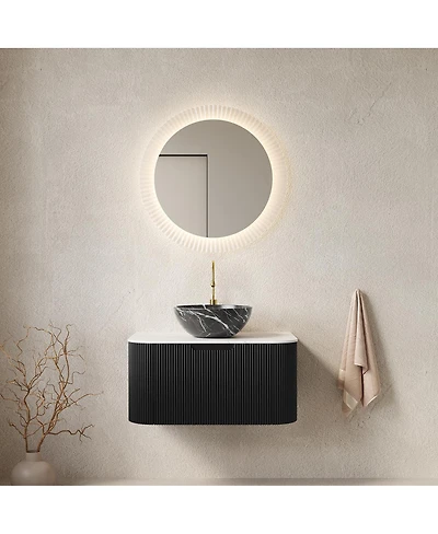 Sillysis Wall Mounted Bathroom Vanity, Artificial Marble Top with Bowl Sink, Striped Plywood Cabinet