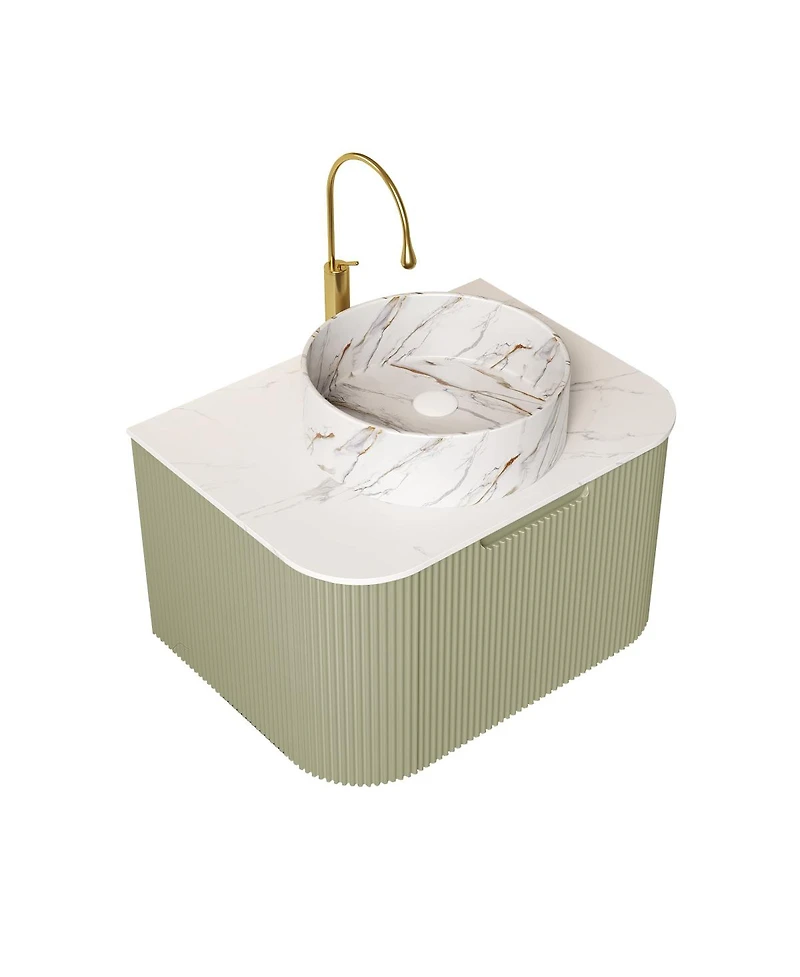 Sillysis Wall Mounted Bathroom Vanity, Artificial Marble Top with Round Ceramic Basin, 3D Striped Plywood Cabinet