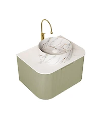 Sillysis Wall Mounted Bathroom Vanity, Artificial Marble Top with Round Ceramic Basin, 3D Striped Plywood Cabinet