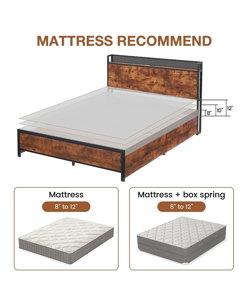 homfan Led Platform Bed Frame with Storage Headboard, Charging Station, 4 Drawers and Side Baskets