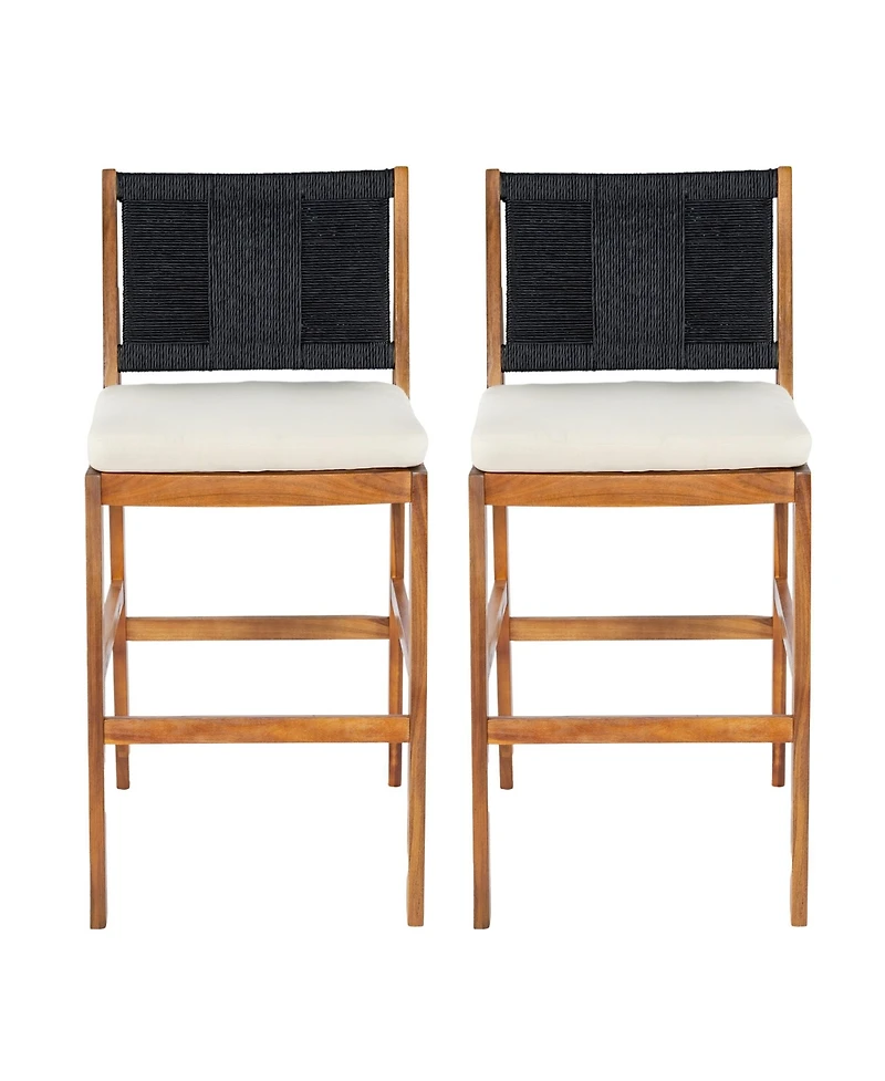 Rainsken Outdoor Bar Stools Set of 2, Acacia Wood Frame Counter Height Chairs with Cushion and Wicker Back for Kitchen Island, Poolside Patio