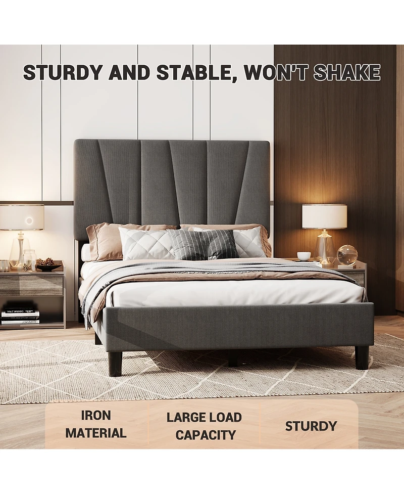 homfan Upholstered Platform Bed Frame with 3-Height Adjustable Headboard, Slat Support, No Box Spring Needed