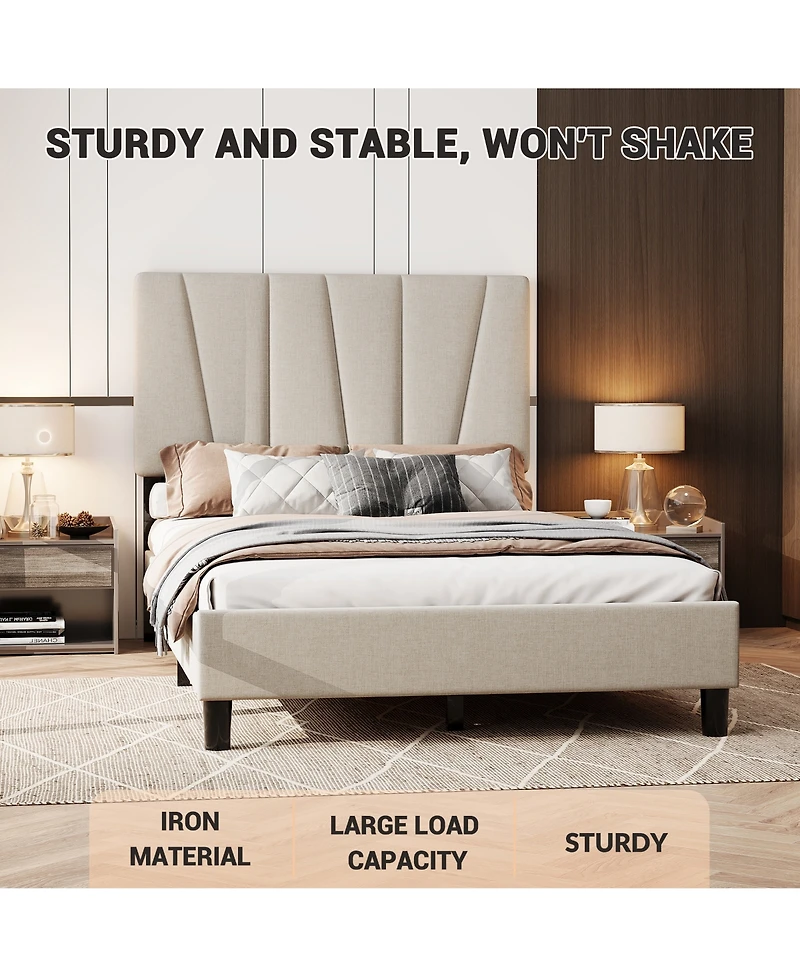 homfan Upholstered Platform Bed Frame with 3-Height Adjustable Headboard, Slat Support, No Box Spring Needed