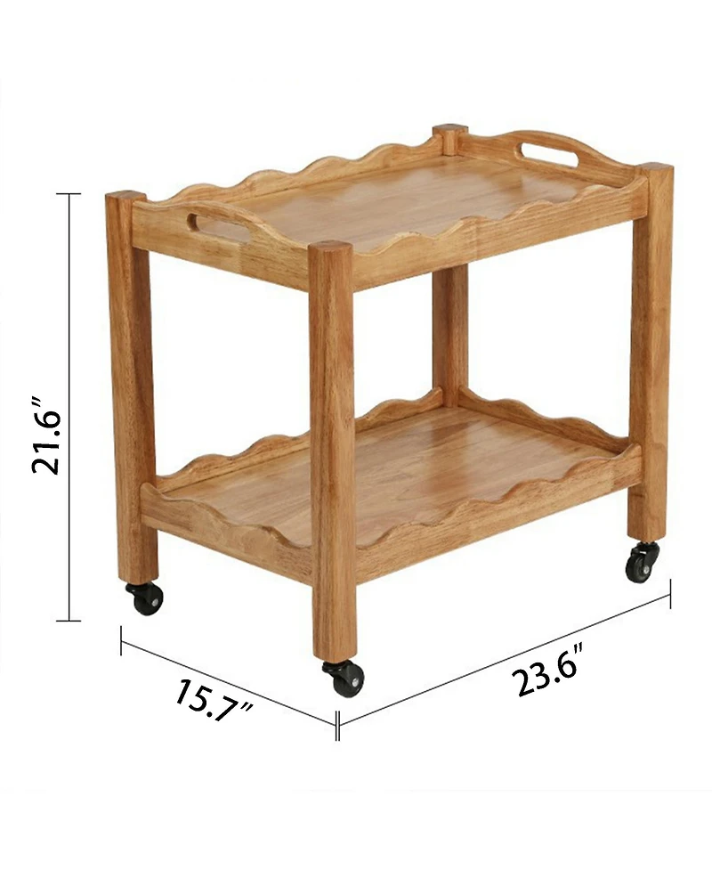 flynama Solid Rubberwood 2-Tier Rolling Side Table with Lockable Wheels