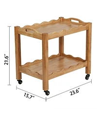 flynama Solid Rubberwood 2-Tier Rolling Side Table with Lockable Wheels
