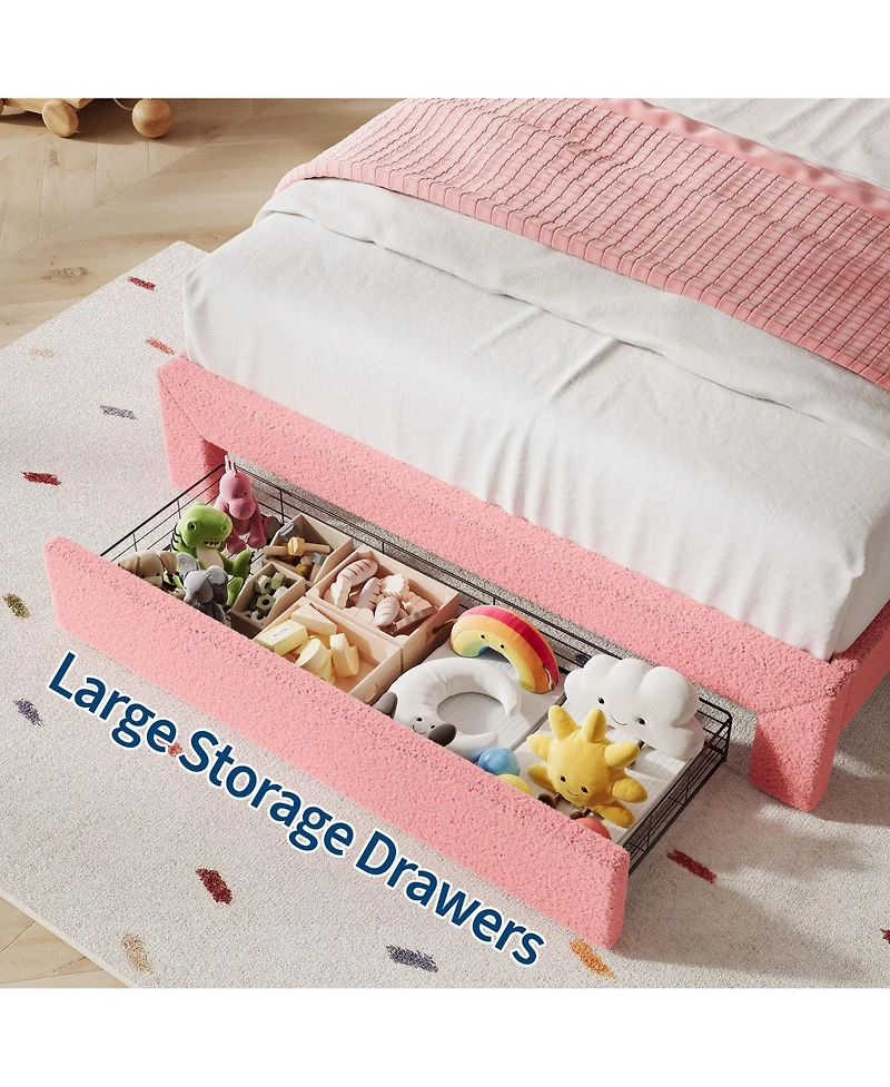 homfan Upholstered Led Platform Bed Frame with Flower Headboard and Storage Drawers, Wood Slat Support