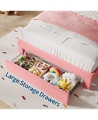 homfan Upholstered Led Platform Bed Frame with Flower Headboard and Storage Drawers, Wood Slat Support