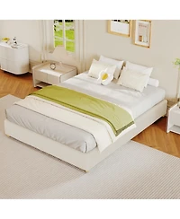 homfan Upholstered Low Platform Bed Frame with Round Wood Legs, No Headboard, Wood Slat Support