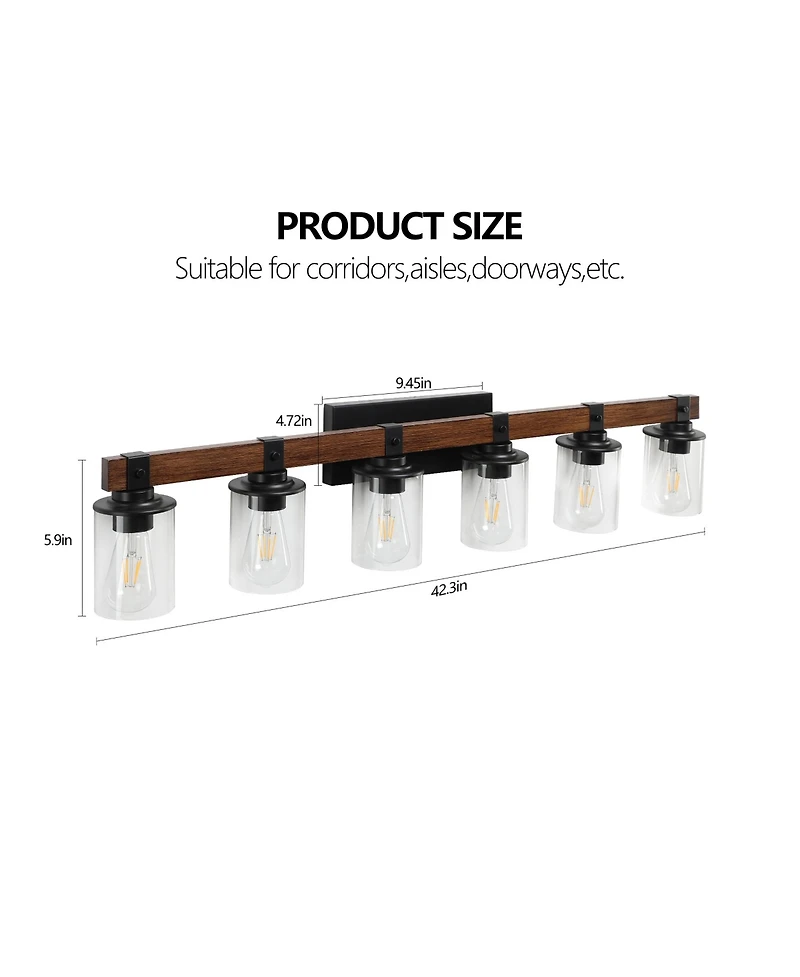 Busdays 42 Inch Rustic 6 Light Vanity Light Industrial Bathroom Wall Sconce with Glass Shades Wood Accent Modern Farmhouse Lighting Fixture No Bulbs