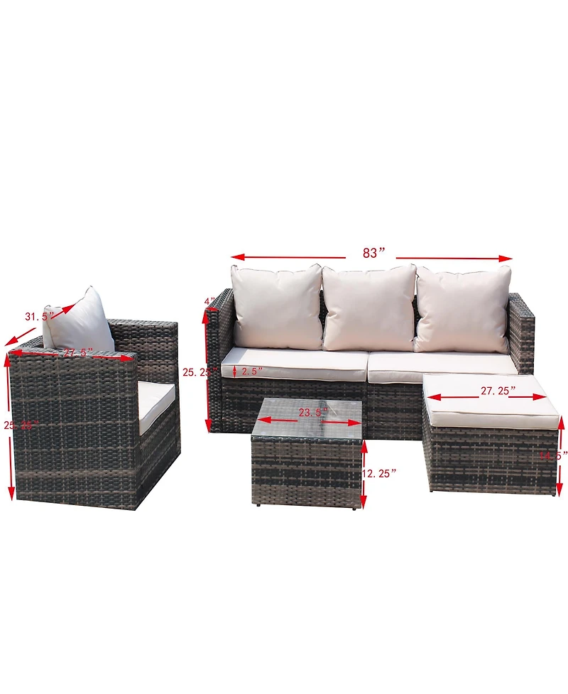Clihome 4 Piece Outdoor Rattan Conversation Sofa Set Pe Wicker Patio Furniture Set with Cushion, Tempered Glass Coffee Table
