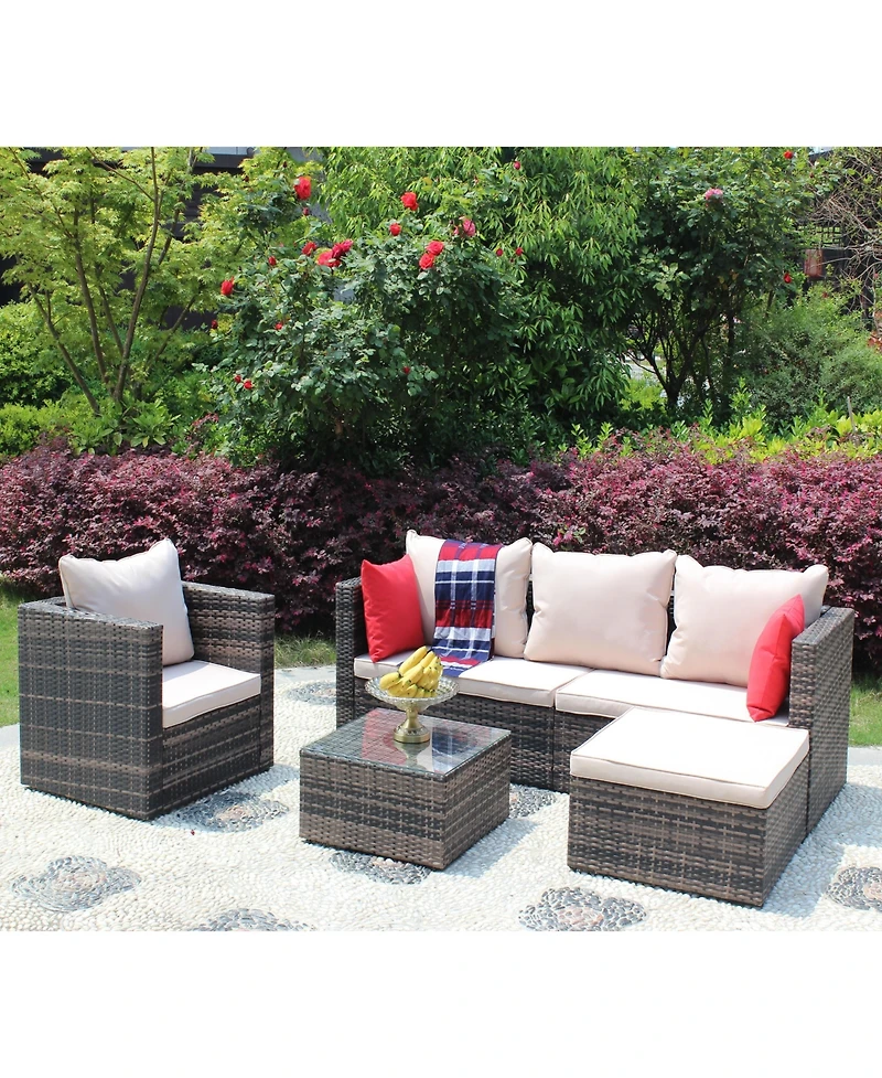 Clihome 4 Piece Outdoor Rattan Conversation Sofa Set Pe Wicker Patio Furniture Set with Cushion, Tempered Glass Coffee Table
