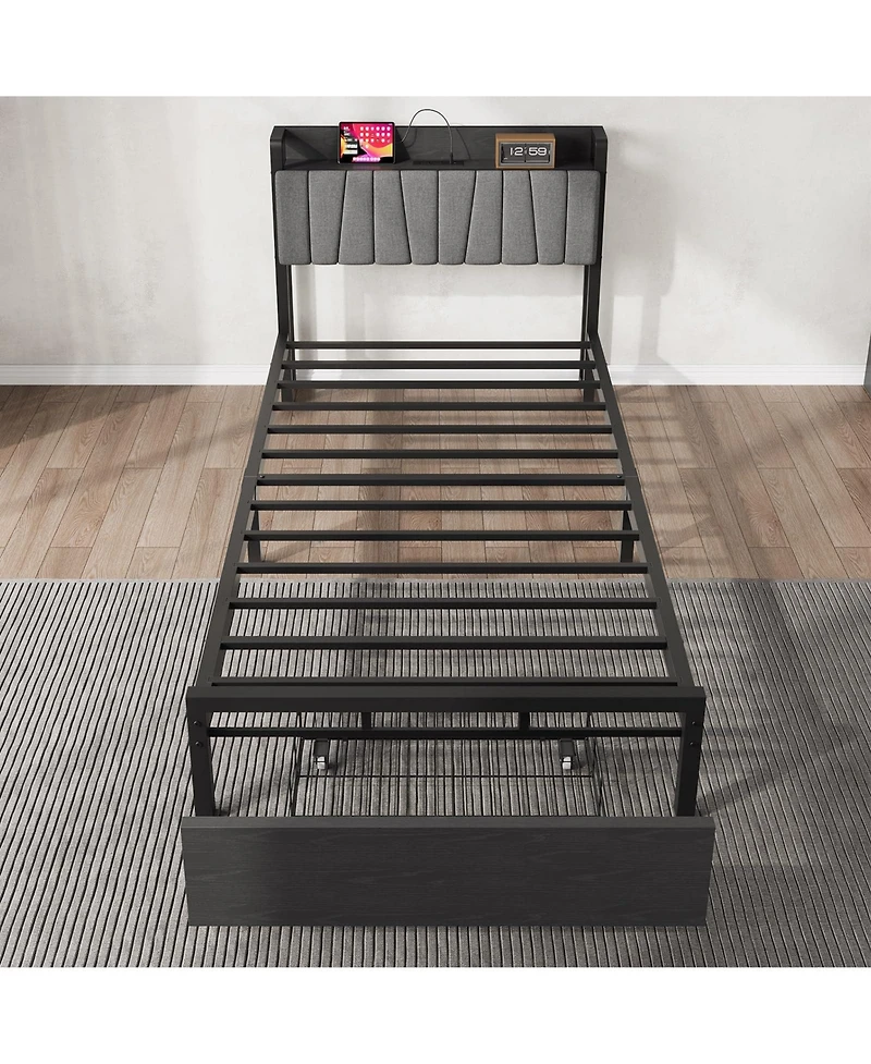 homfan Bed Frame with Storage Headboard, Platform Bed with Large Drawer and Charging Station