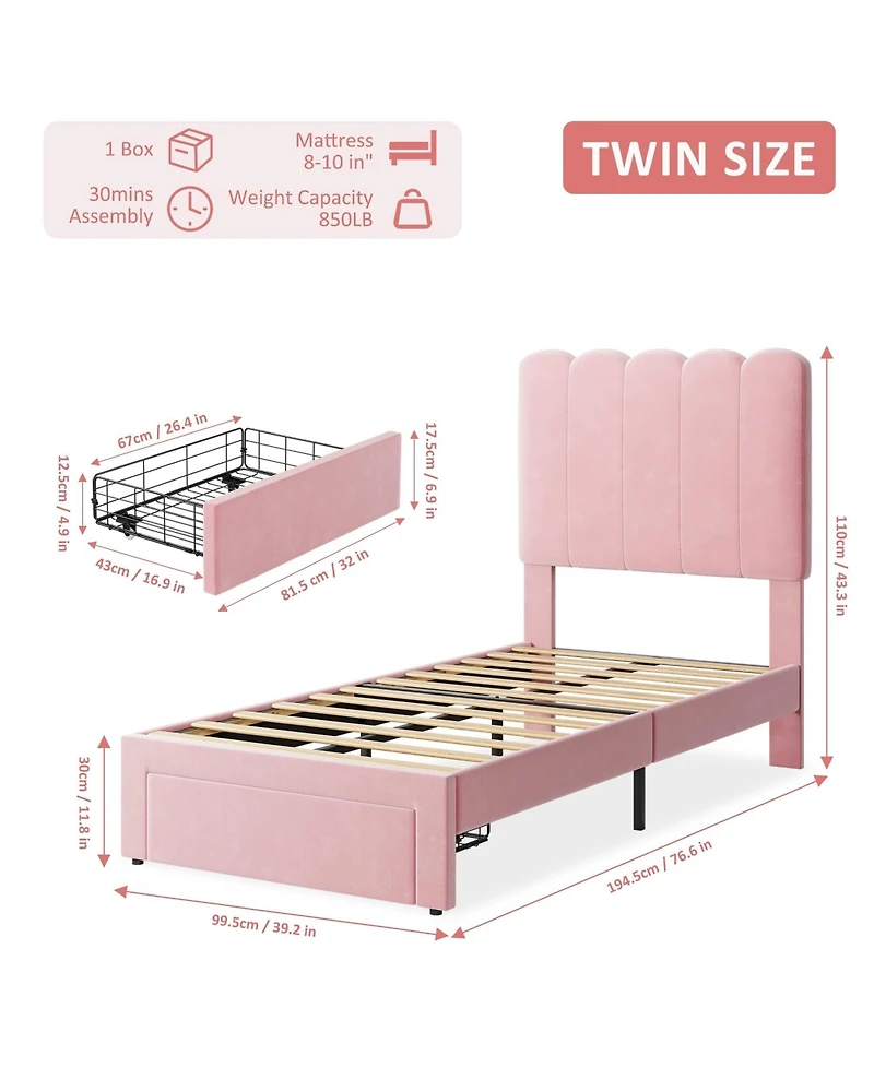 homfan Twin Upholstered Bed Frame with Headboard and Storage Drawer, Velvet Platform Wood Slats, No Box Spring Needed
