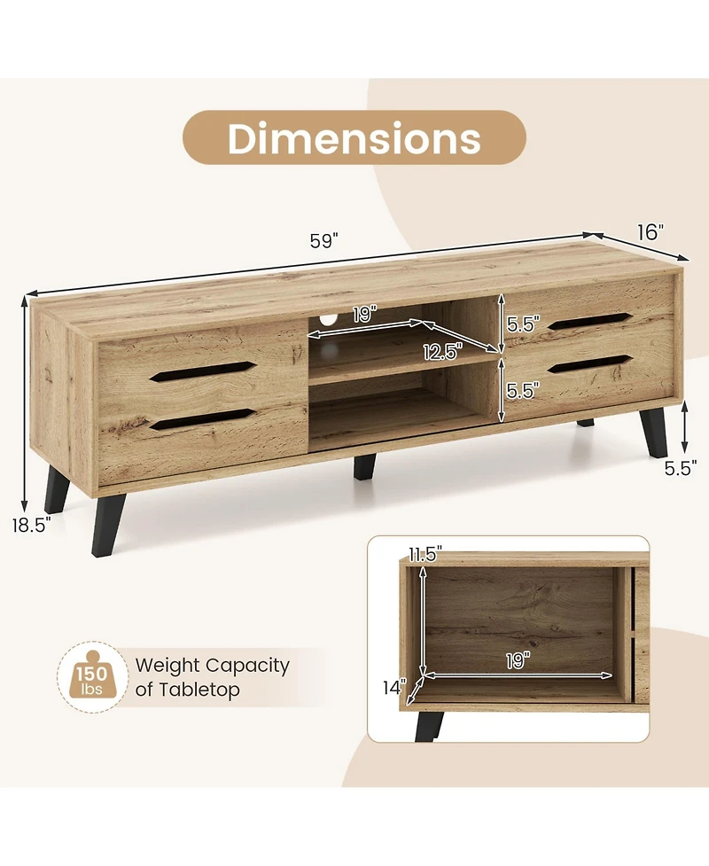 Gymax Tv Stand w/Sliding Doors Storage Shelves Cable Hole Support Legs for 65inch TVs
