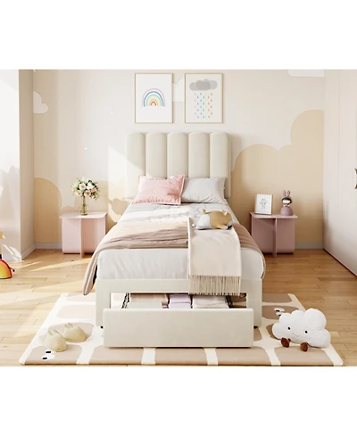 gaomonBed Frame with Under, Upholstered Platform Bed with Wave Headboard for Kids/Girls, No Box Spring Needed