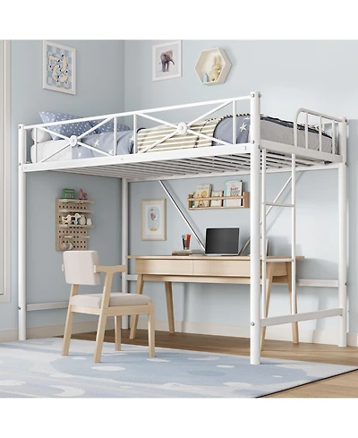 homfan Metal Loft Bed Frame with Ladder and 15.0 Guardrail, Space-Saving Steel Slats, No Box Spring Needed