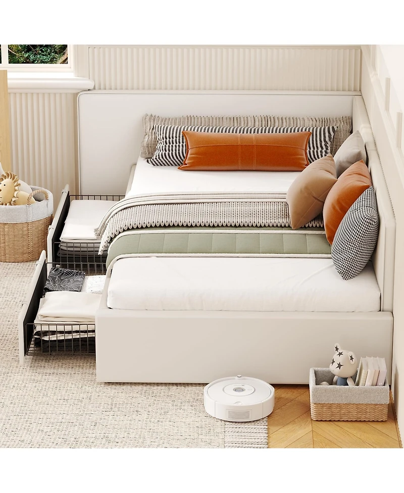 homfan Upholstered Daybed with 2 Storage Drawers, Adjustable Corner Bed Frame Extended Headboard and Guardrails