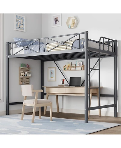 homfan Metal Loft Bed Frame with Ladder and 15.0 Guardrail, Space-Saving Steel Slats, No Box Spring Needed