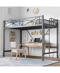 homfan Metal Loft Bed Frame with Ladder and 15.0 Guardrail, Space-Saving Steel Slats, No Box Spring Needed