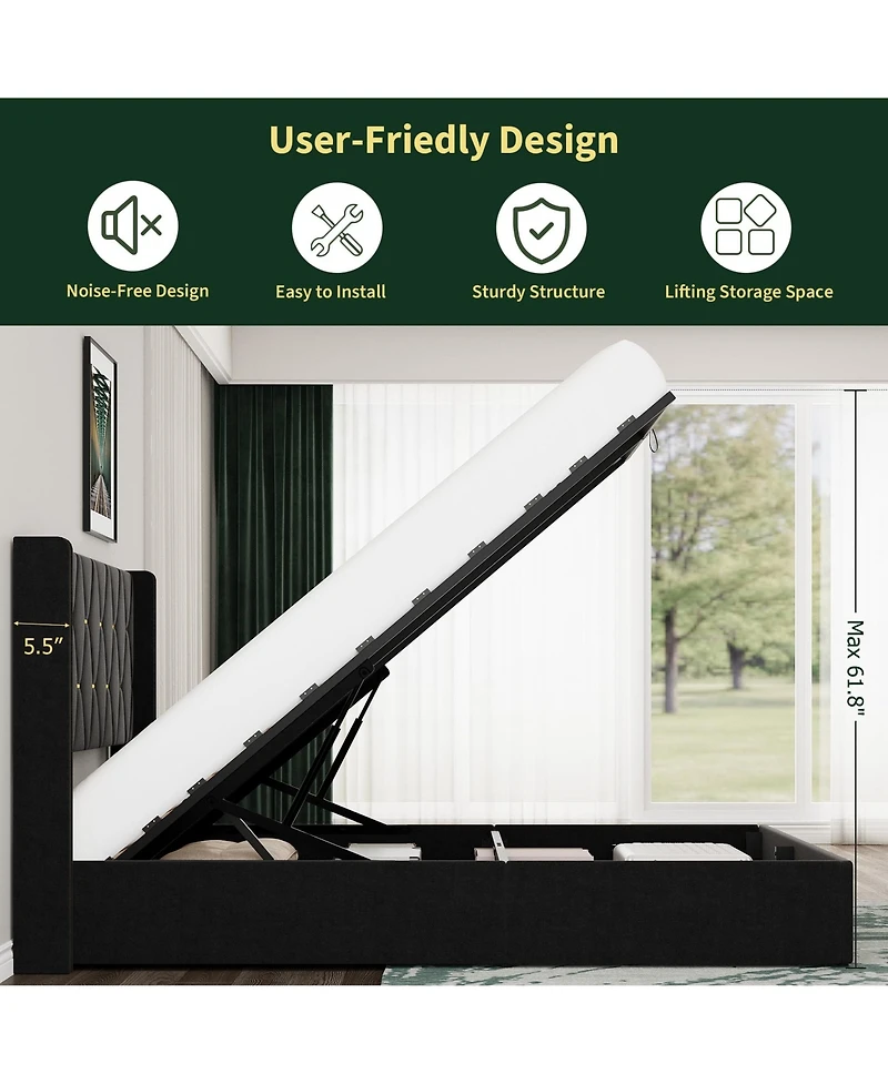 homfan Velvet Lift-Up Storage Bed Frame with Wingback Headboard and Gold Trim, Diamond Tufted Platform Bed