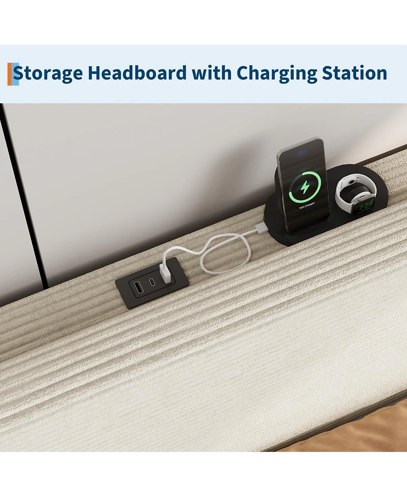 homfan Corduroy Upholstered Platform Bed Frame with Usb Charging Station, Adjustable Storage Headboard