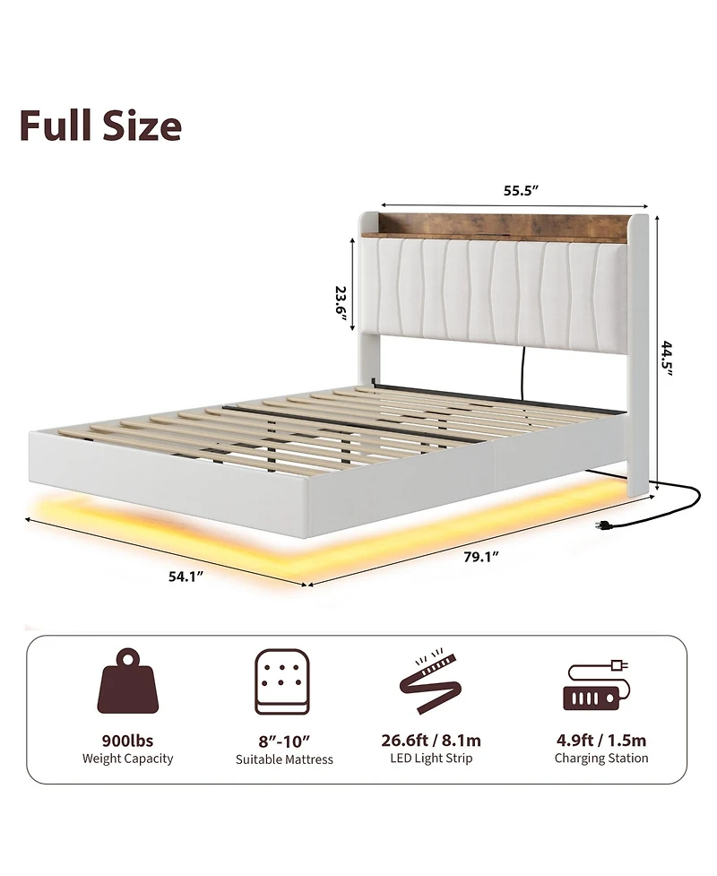homfan Floating Platform Bed Frame with Led Lights, Charging Station and Storage Headboard, Upholstered Bed