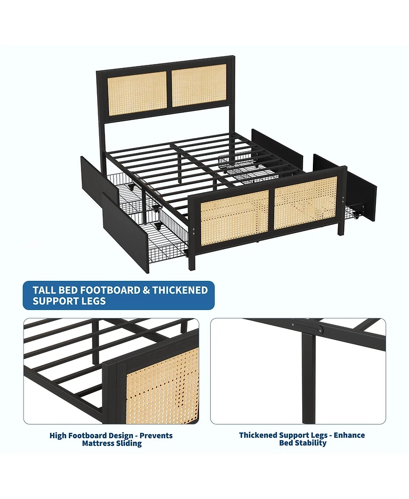 homfan Rattan Platform Bed Frame with Led Headboard and 4 Drawers