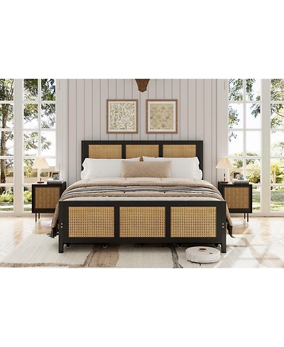 homfan Rattan Platform Bed Frame with Led Headboard and 4 Drawers