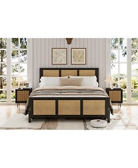 homfan Rattan Platform Bed Frame with Led Headboard and 4 Drawers