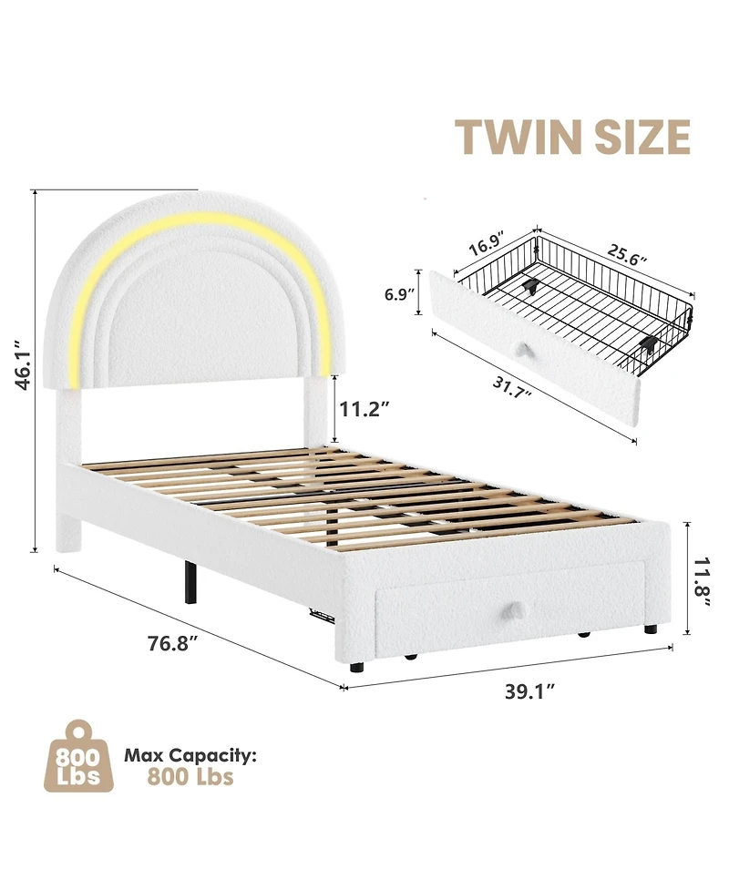 homfan Upholstered Kids Bed Frame with Led Rainbow Headboard and Storage Drawer, Wood Slats, No Box Spring Needed