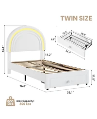 homfan Upholstered Kids Bed Frame with Led Rainbow Headboard and Storage Drawer, Wood Slats, No Box Spring Needed